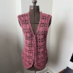 Vintage Casual Corner 90s Y2K Silk Cotton Pink Crochet Vest Sz M CottageCore